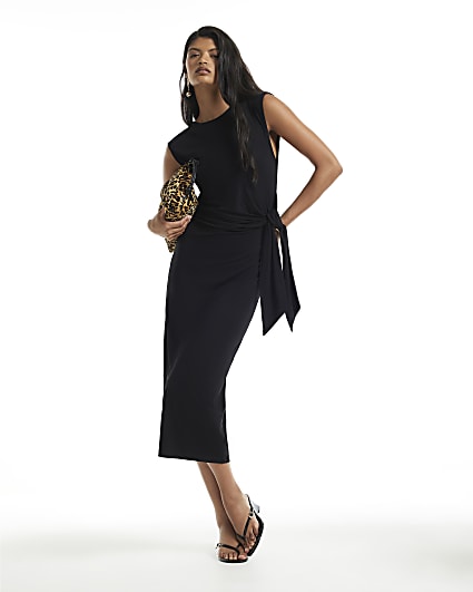 Black Sleeveless Knot Front Drape Dress