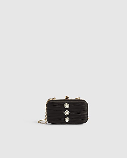 Black Satin Pearl Detail Clutch Bag