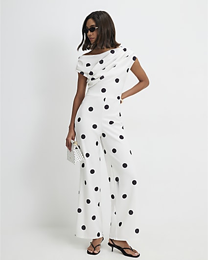 White Spot Asymmetric Drape Jumpsuit