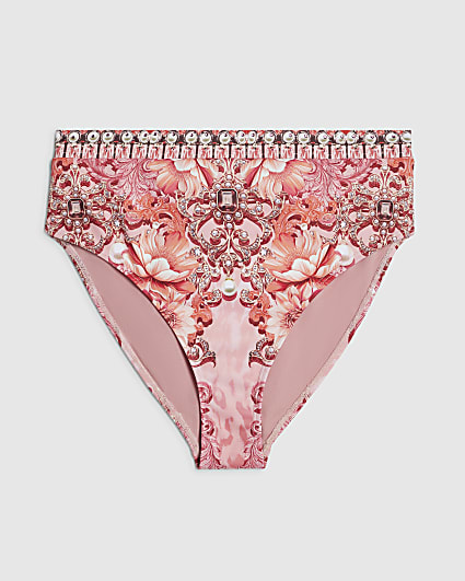 Pink High Waisted Floral Pearl Bikini Bottoms