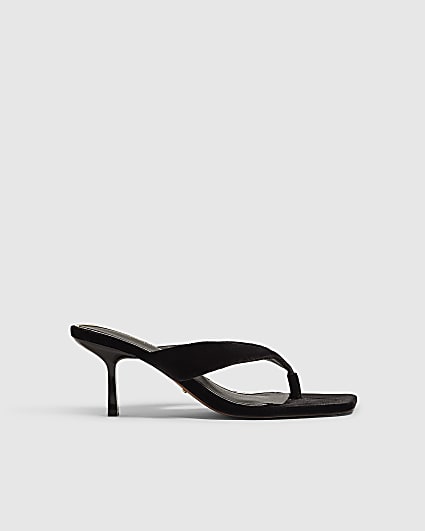 Black Velvet Toe Thong Heeled Sandals