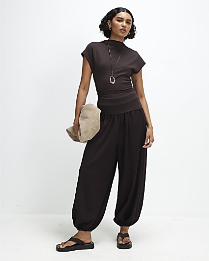 Brown Premium High Neck Ruched Top