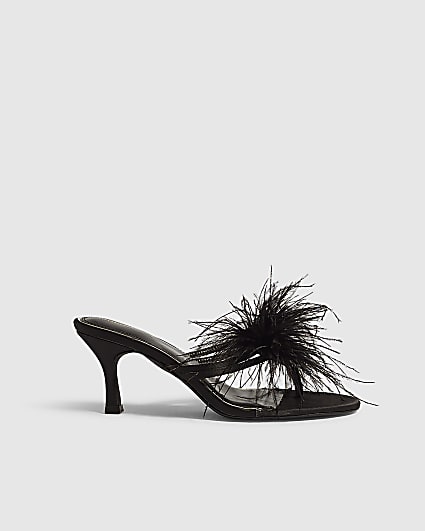Black Feather Toe Thong Mule Heeled Sandals