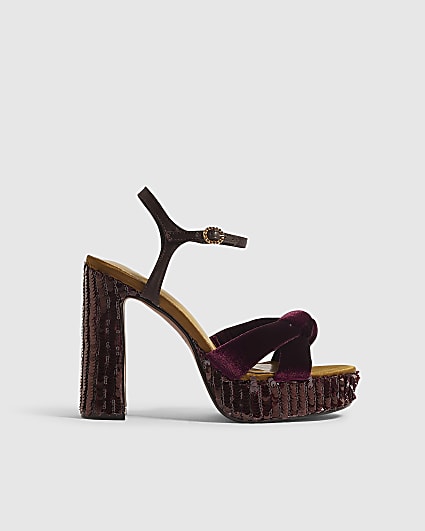 Burgundy Sequin Block Heeled Sandals