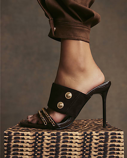 Brown Chain Trim Skinny Heel Mules