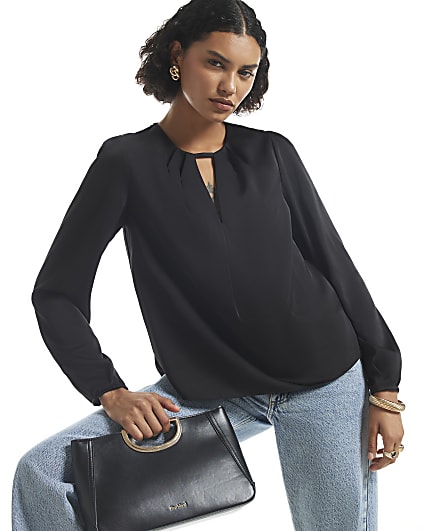 Black Satin Pleat Front Blouse