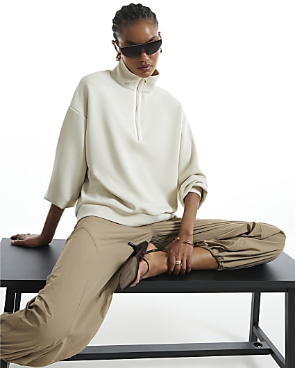 Cream Premium Funnel Neck Sweatshirt