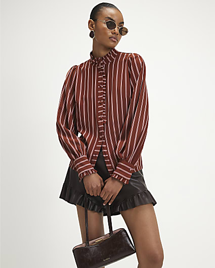 Brown Stripe Frill Trim Blouse