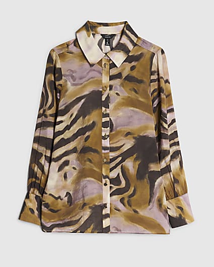 Petite Khaki Animal Print Sheer Shirt