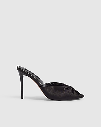 Black Gathered Mule Heeled Sandals