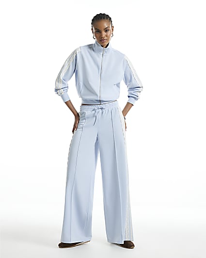 Blue Lace Trim Wide Leg Track Joggers