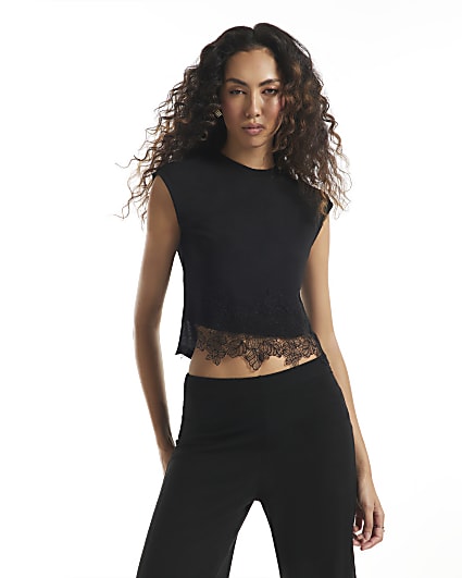 Black Sleeveless Lace Hem Tank Top