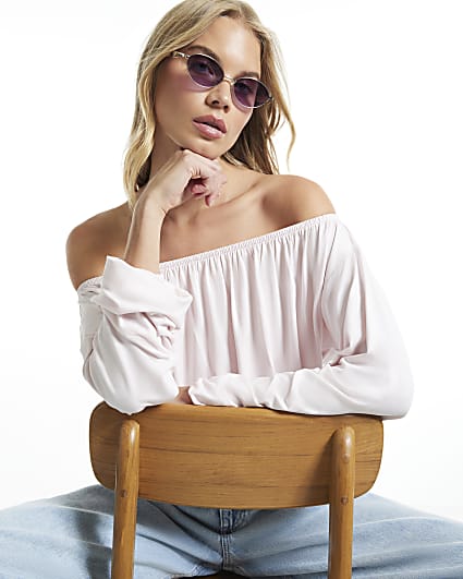 Pink Ruched Bandeau Long Sleeve Top