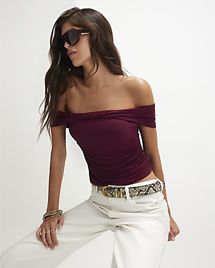 Red Twist Front Bardot Top