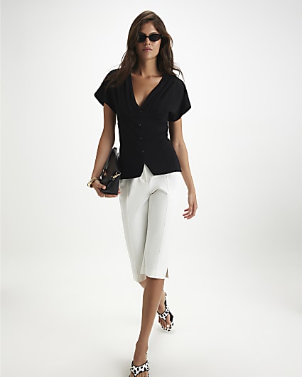 Black Pleat Shoulder Button Front Top