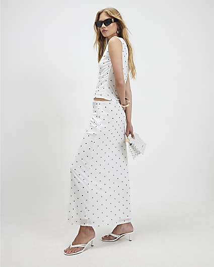White Spot Print Mesh Maxi Skirt