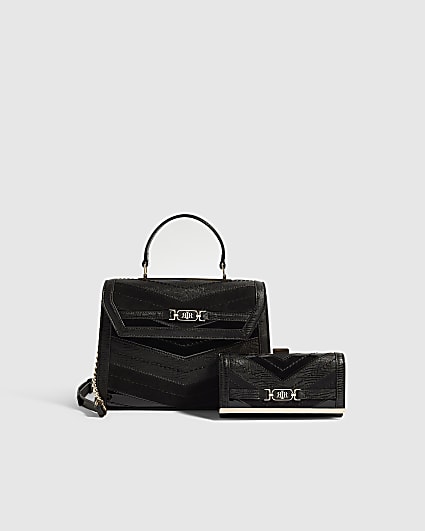 Black Faux Leather Panelled Tote Bag Set