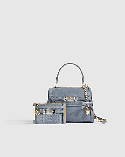 Blue Faux Suede Tote Crossbody Bag Bundle