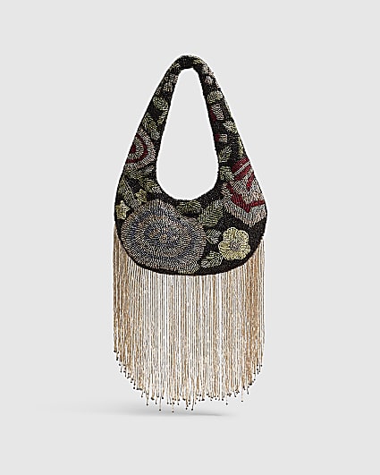 Black Floral Beaded Tassel Clutch Bag