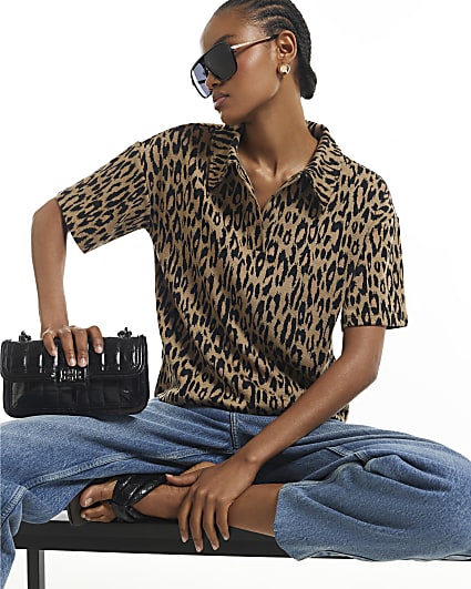 Brown Leopard Print Jacquard Polo Top