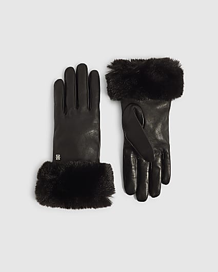 Black Faux Fur Cuff Leather Gloves