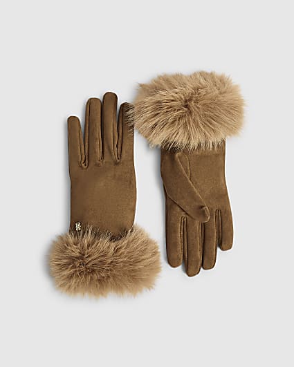 Brown Faux Suede Fur Trim Gloves