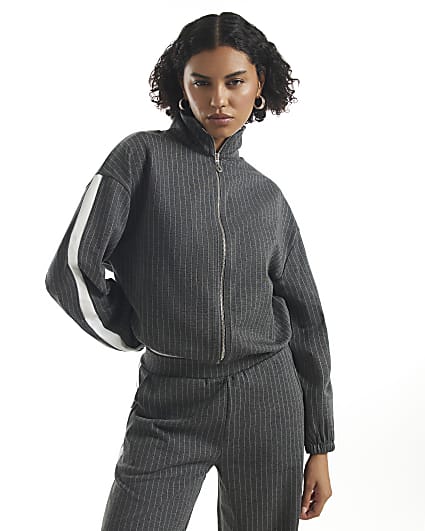 Grey Pinstripe Zip Tracksuit Top