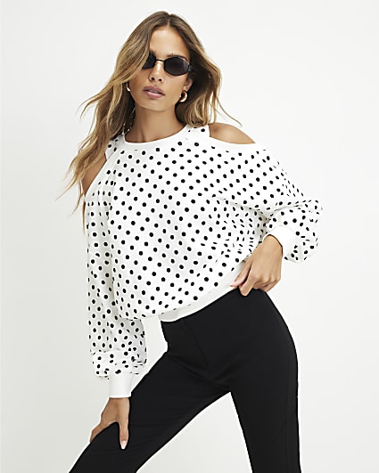 Cream Cold Shoulder Polka Dot Sweatshirt