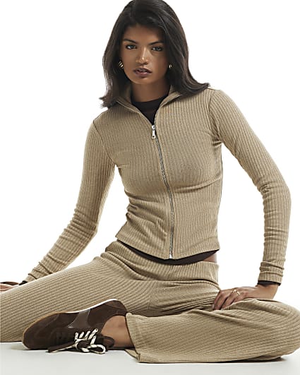 Beige Long Sleeve Zip Top