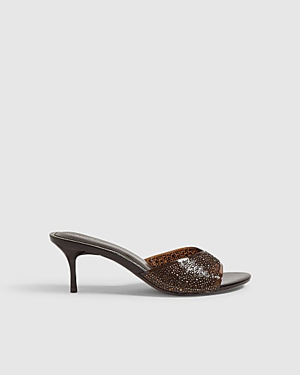 Brown Diamante Mule Heeled Sandals