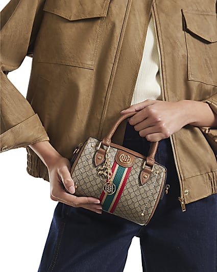 Beige Monogram Stripe Mini Bowler Bag