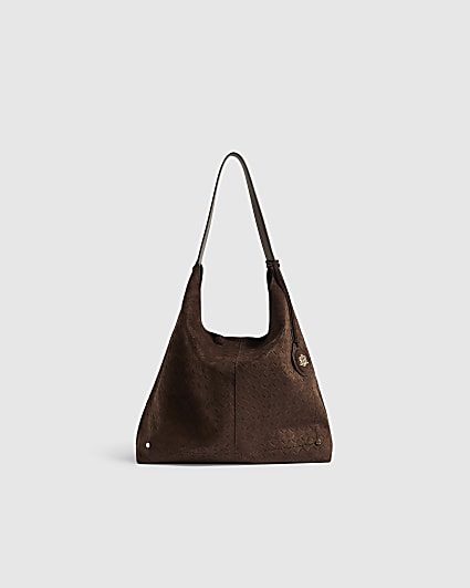 Brown Faux Suede Weave Charm Slouch Bag
