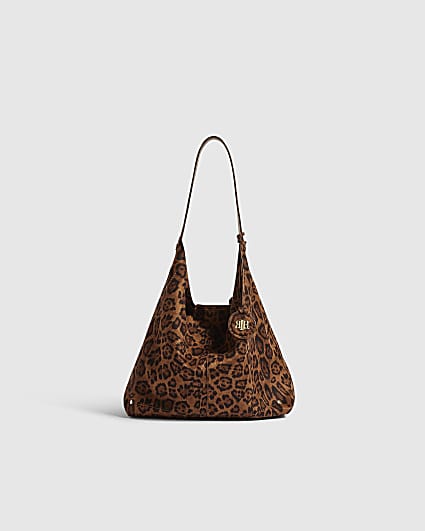 Brown Faux Suede Leopard Print Slouch Bag