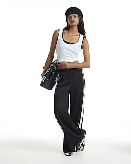 Black Wide Leg Stripe Popper Trousers