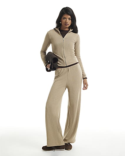 Beige Rib Wide Leg Trousers