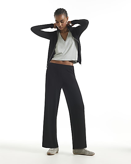 Black Rib Wide Leg Trousers