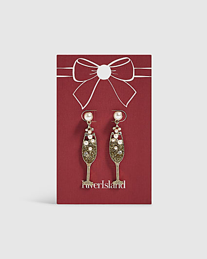 Gold Christmas Champagne Glass Earrings