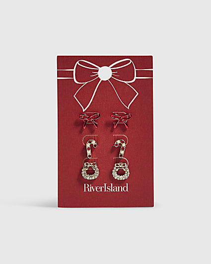 Gold Christmas Wreath Pack of 3 Stud Earrings