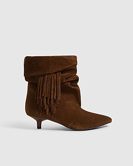 Brown Suede Fringe Kitten Heel Boots