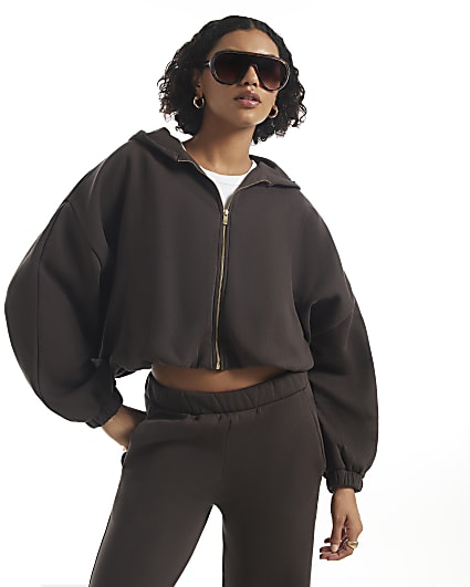 Brown Long Sleeve Bubble Hem Hoodie