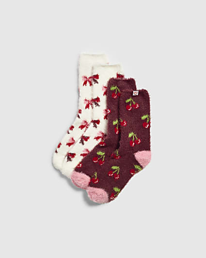 Pink Fluffy Cherry Socks 2 Pack