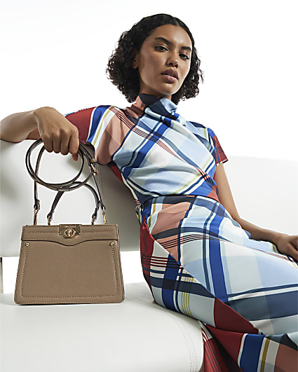 Beige Lock Handle Mini Tote Crossbody Bag