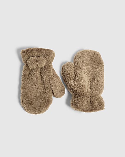Beige Faux Fur Mittens