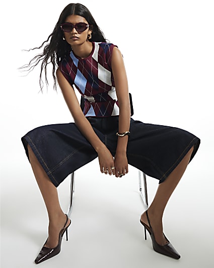 Burgundy Argyle Knit Tank Top