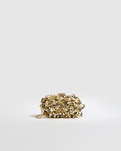 Gold 3D Floral Embellished Hard Clutch Bag