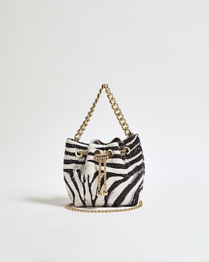 Black Satin Zebra Print Diamante Droplet Bag