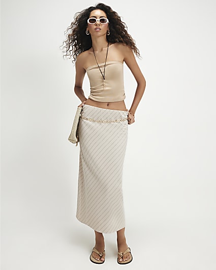 Cream Asymmetric Stripe Midi Skirt