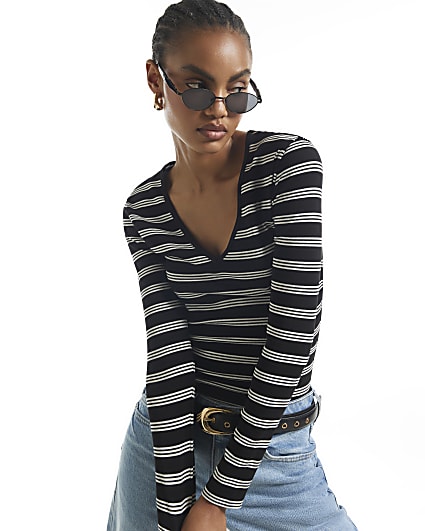 Black Stripe Long Sleeve V Neck Top