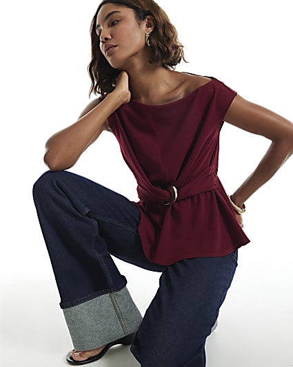Burgundy One Shoulder Buckle Detail Top
