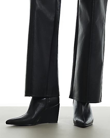 Black Faux Leather Stretch Wedge Ankle Boots